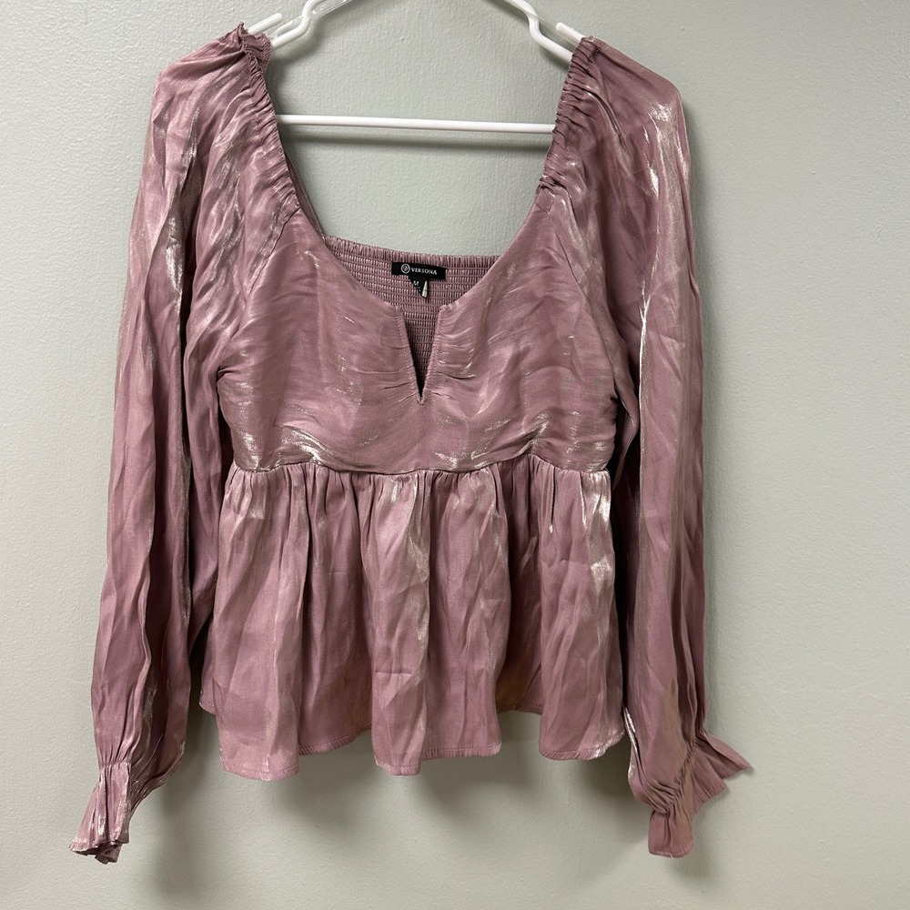 Versona Womens Metallic Mauve Babydoll Blouse Long Sleeve Smocked Back Size M